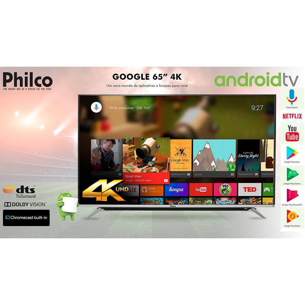 Smart TV LED Android 65″ Philco PH65G60DSGWAG Ultra HD 4K com Conversor Digital 3 HDMI 2 USB com Google 60hz – Preta