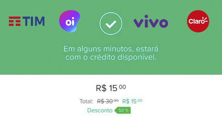 Desconto de R$ 15 na Recarga de Celular TIM, OI, VIVO ou CLARO