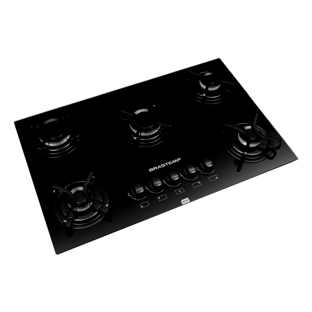 Cooktop a Gás 5 Bocas Brastemp Ative! com Acendimento Superautomático, Grades Piatina e Mesa em Vidro Temperado Preto Bivolt