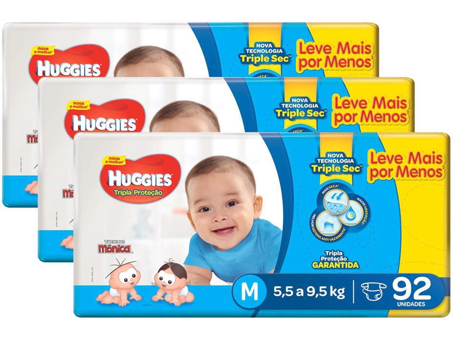 Kit Fraldas Huggies Turma da Mônica Tripla – Proteção Tam. M 3 Pacotes com 92 Unidades Cada