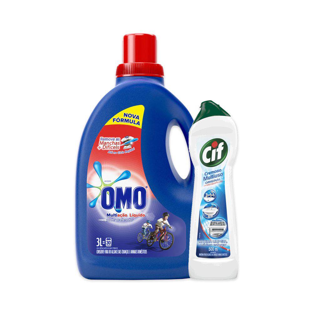 Kit Sabao Liquido Omo Multiacao Poder Acelerador 3l + Cif Cremoso Limpeza Profunda Branco 450ml