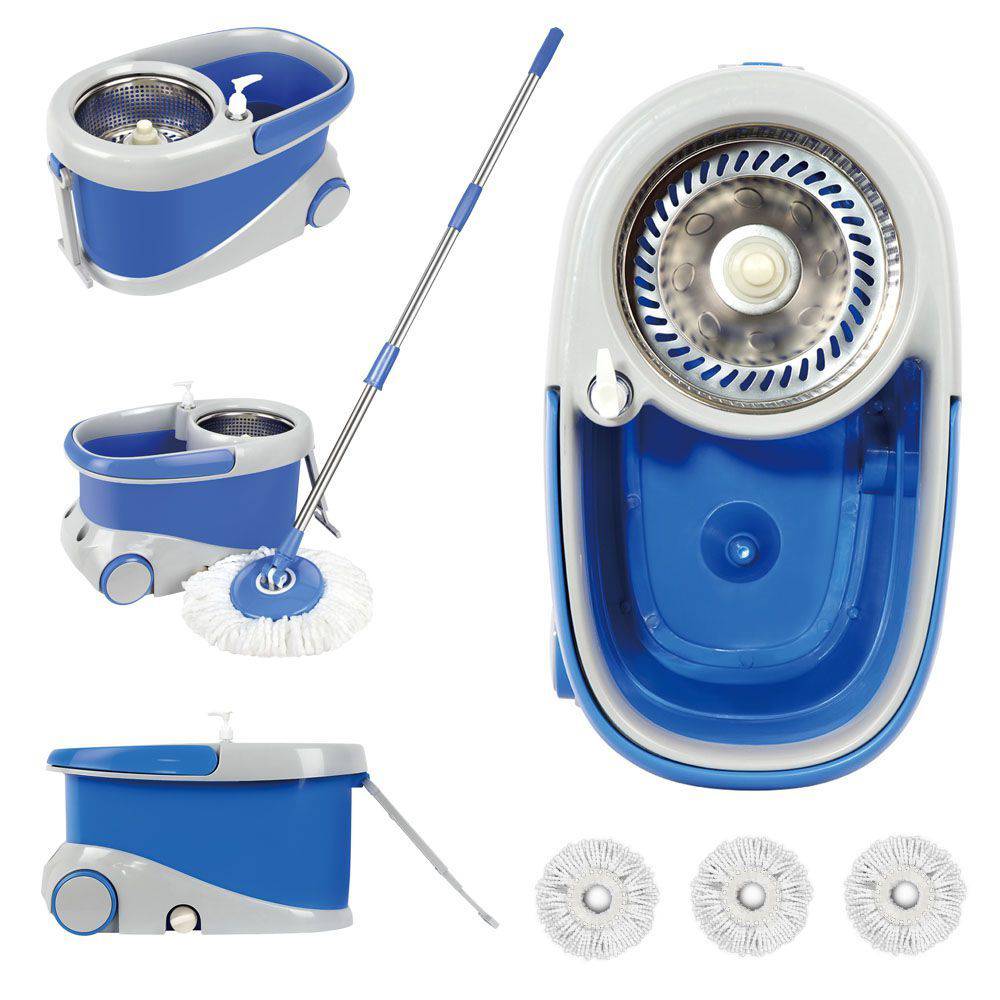 Balde Esfregão Spin Mop Centrífuga 360 Inox Com Rodinhas E 2 Refis De Microfibra