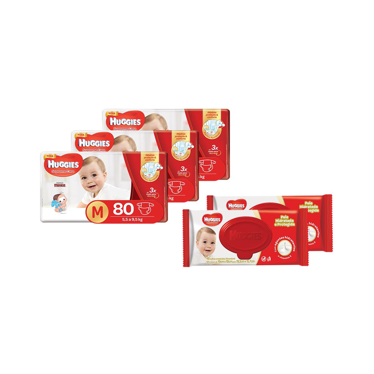 Kit Huggies – Fralda Supreme Care Hiper M 240 Unidades + Lenço Umedecido sem Perfume 96 Unidades
