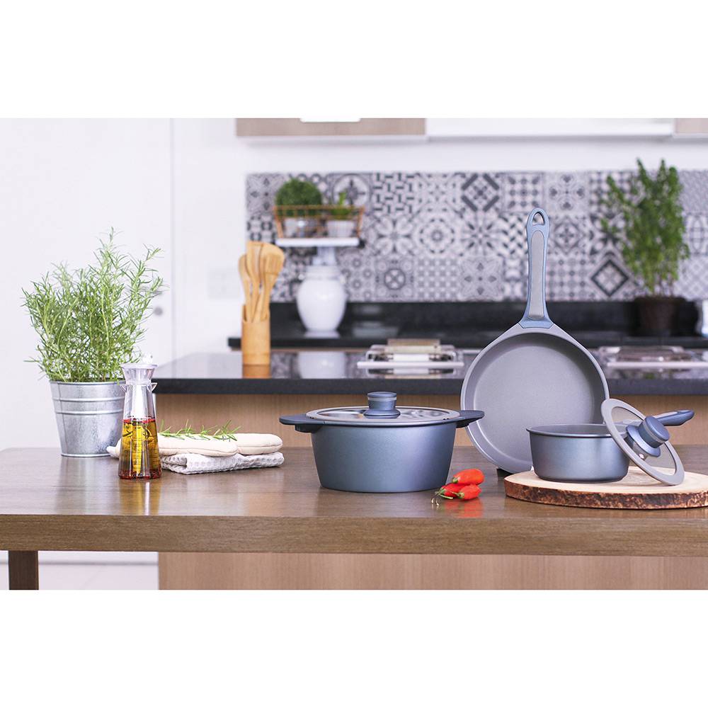 Conjunto de Panelas Antiaderente Positano 3 Peças Cinza – La Cuisine