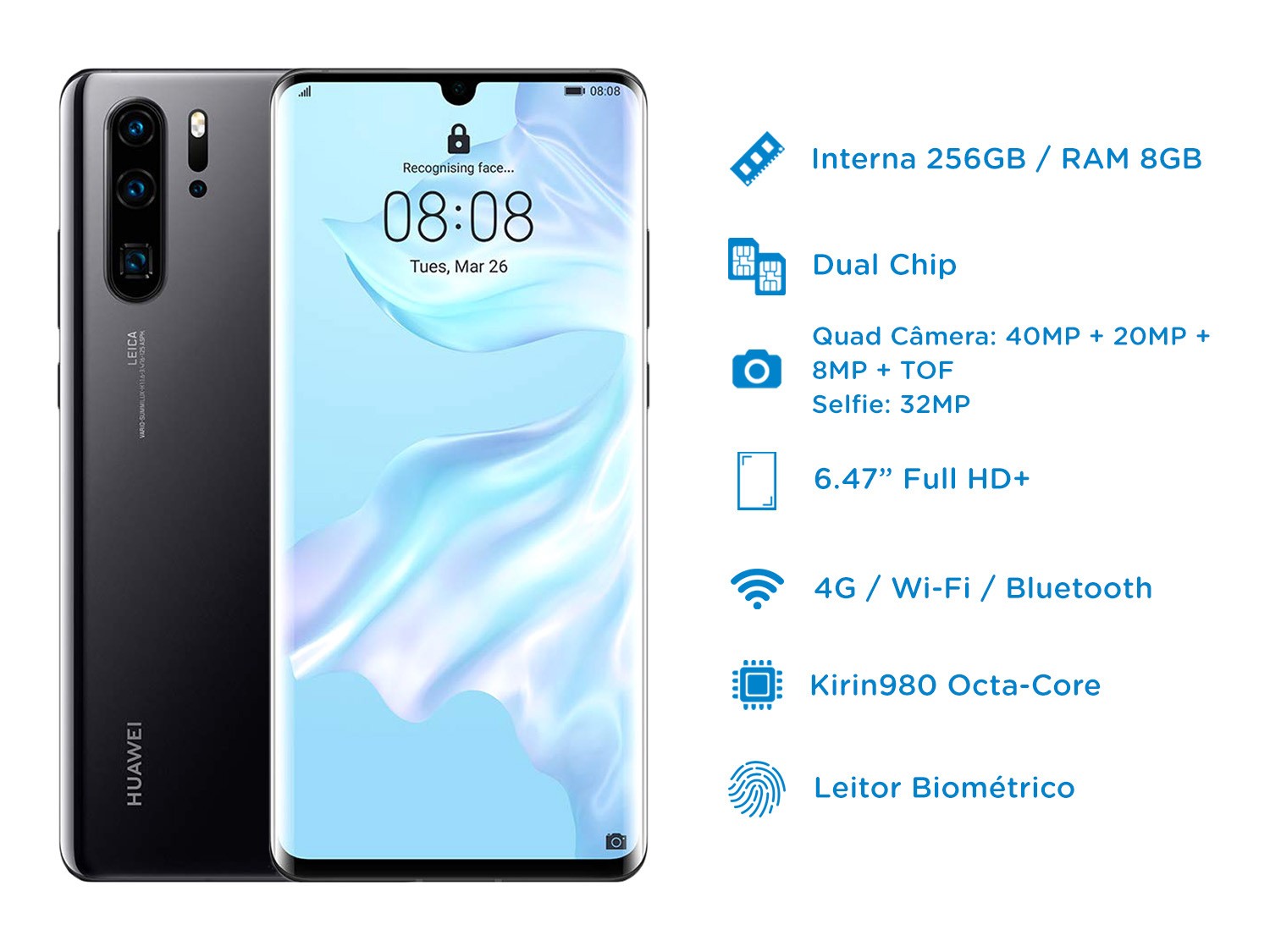 Smartphone Huawei P30 Pro 256GB Preto 4G 8GB RAM – Tela 6,47” Câm. Quadrupla + Câm. Selfie 32MP Preto