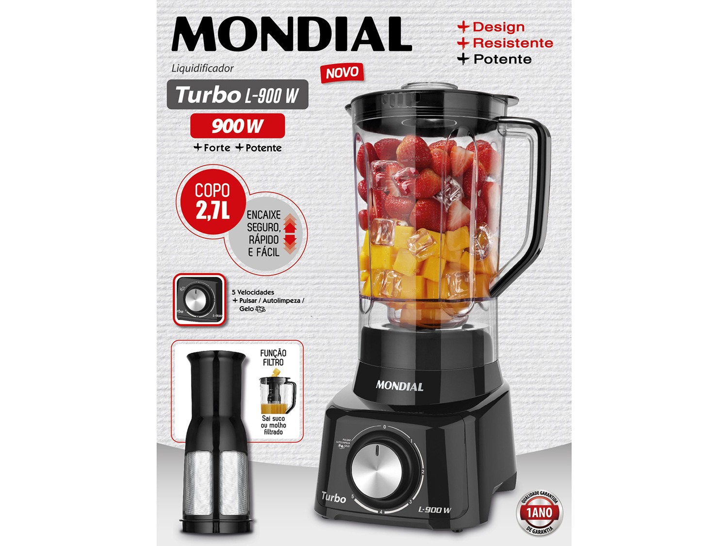 Liquidificador Mondial Turbo L-900 FB Copo 2,7L – Preto Com Filtro 05 Velocidades 900W