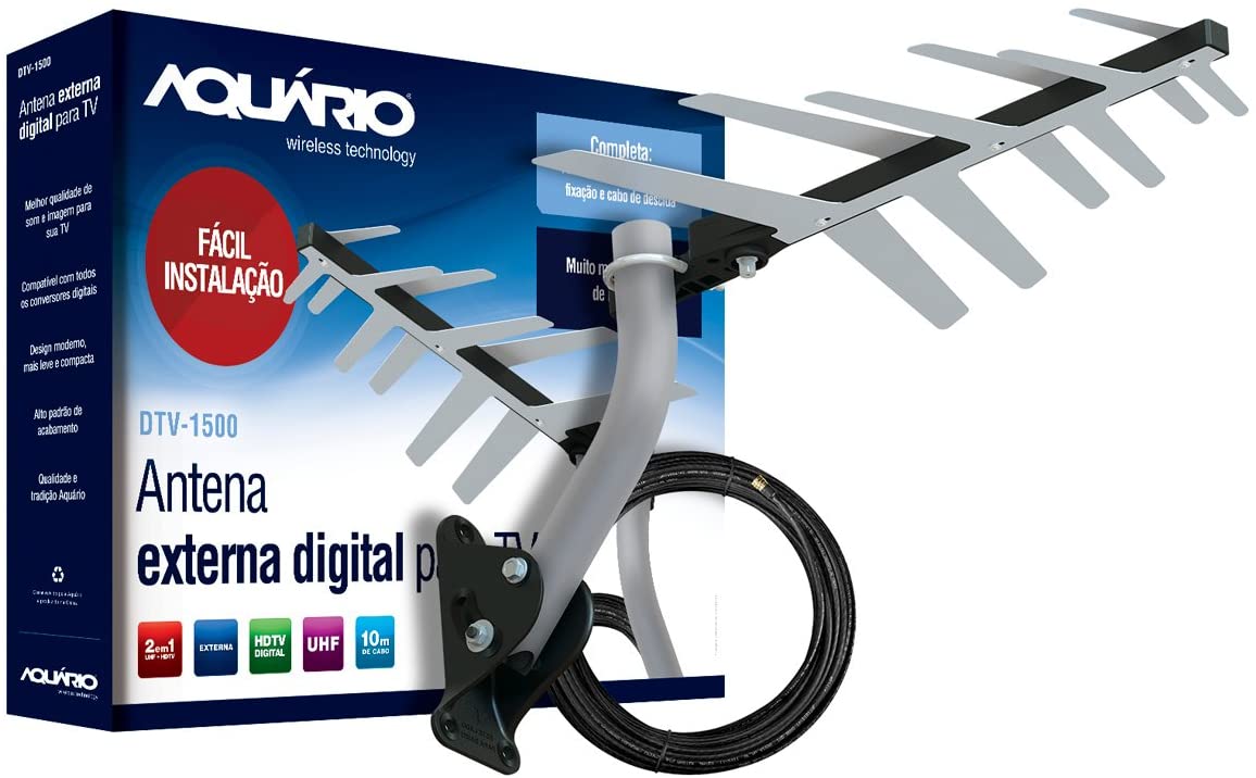 Antena Externa Digital para TV 2 em 1 Completa, Aquario, DTV-1500, Prata, Médio