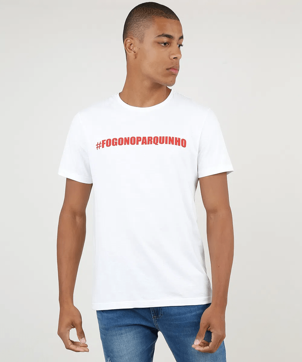 Camiseta Masculina BBB #Fogonoparquinho Manga Curta Gola Careca Off White
