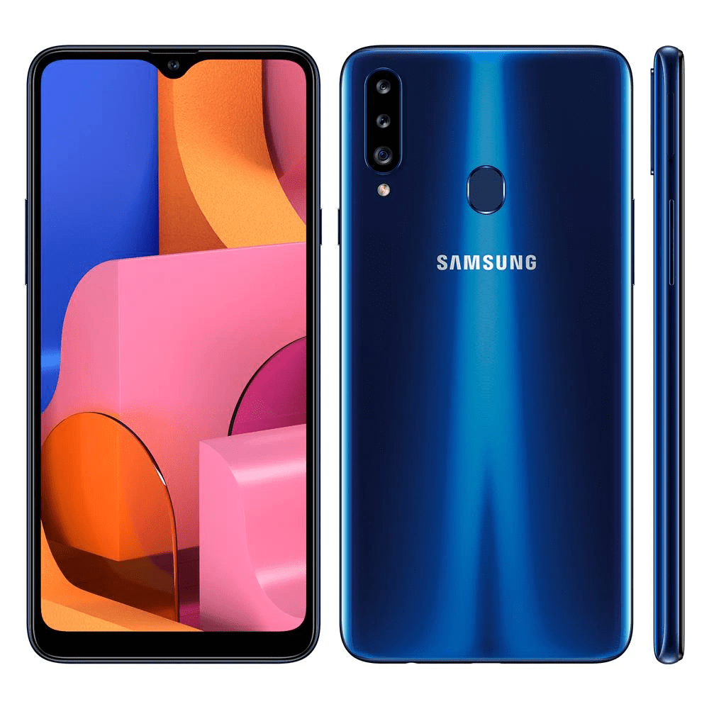 Smartphone Samsung Galaxy A20s Azul 32GB, Câmera Tripla Traseira, Selfie de 8MP, Tela Infinita de 6.5″, Leitor de Digital, Octa Core e Android 9.0