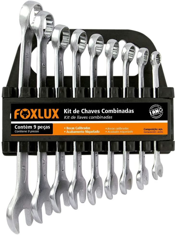 Jogo de Chave Combinada Foxlux – Kit com 9 peças – 8mm a 19mm – Aço Carbono – Acabamento Niquelado – Prateado
