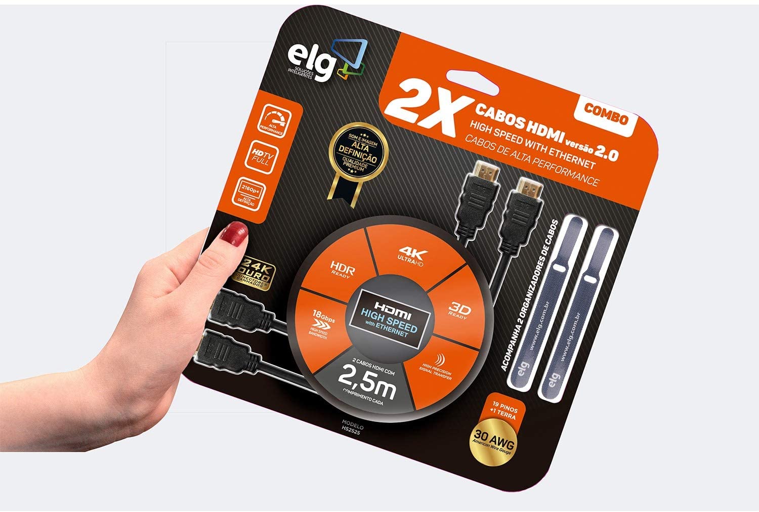 Combo Cabos Hdmi 2.0 Hig Speed With Ethernet com 2, 5m – HS2525, Elg, HS2525, PRETO