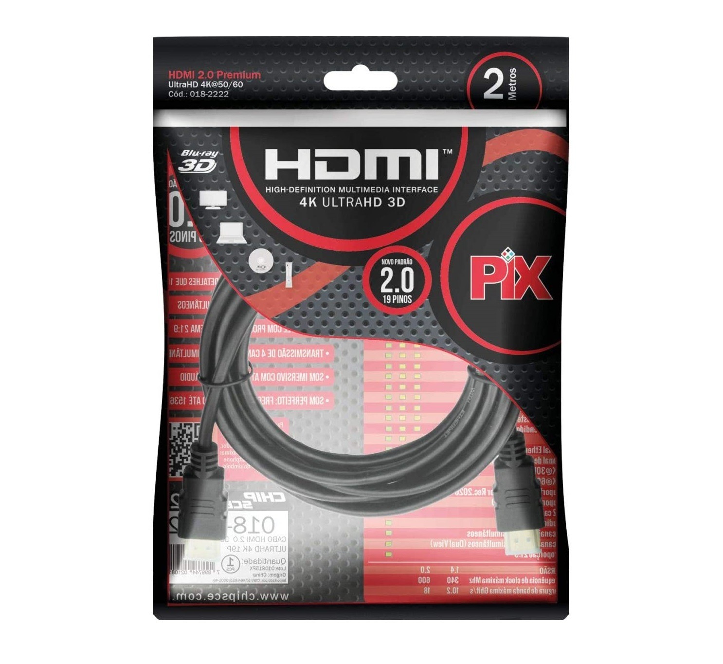 Cabo Hdmi 2.0 4K Hdr 19P 2M Pix Gold, Preto