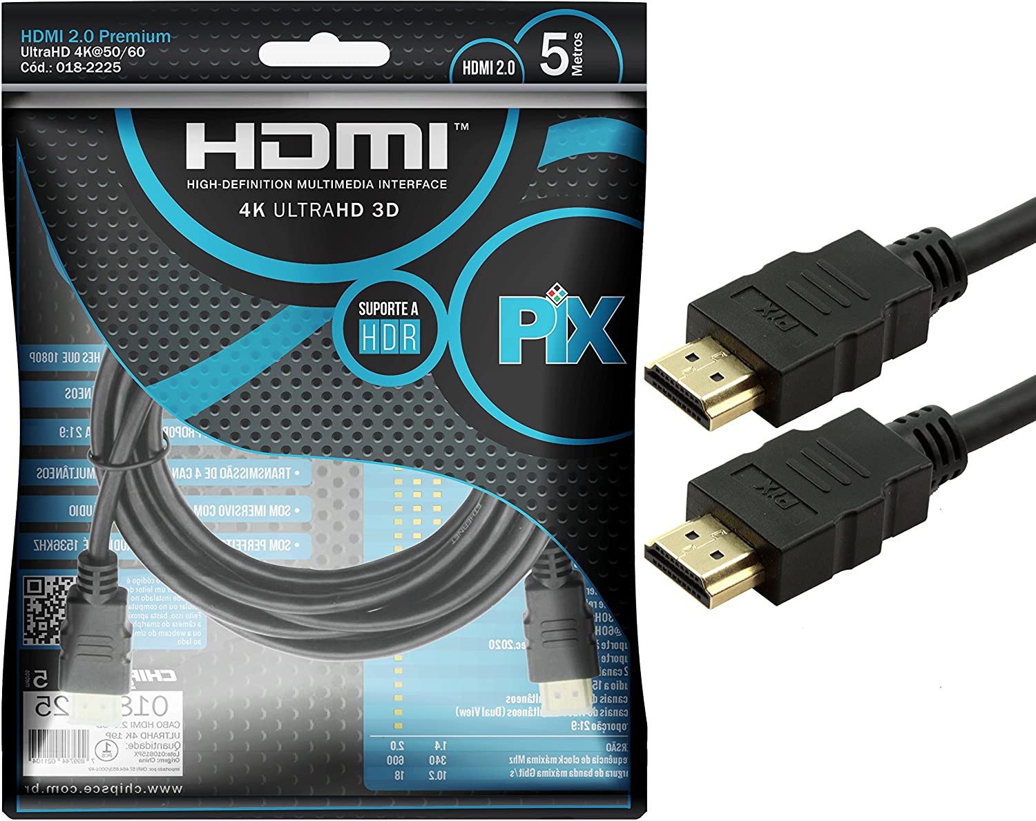 Cabo Hdmi 2.0 4K Hdr 19P 5M Pix Gold, 5 metros, Preto