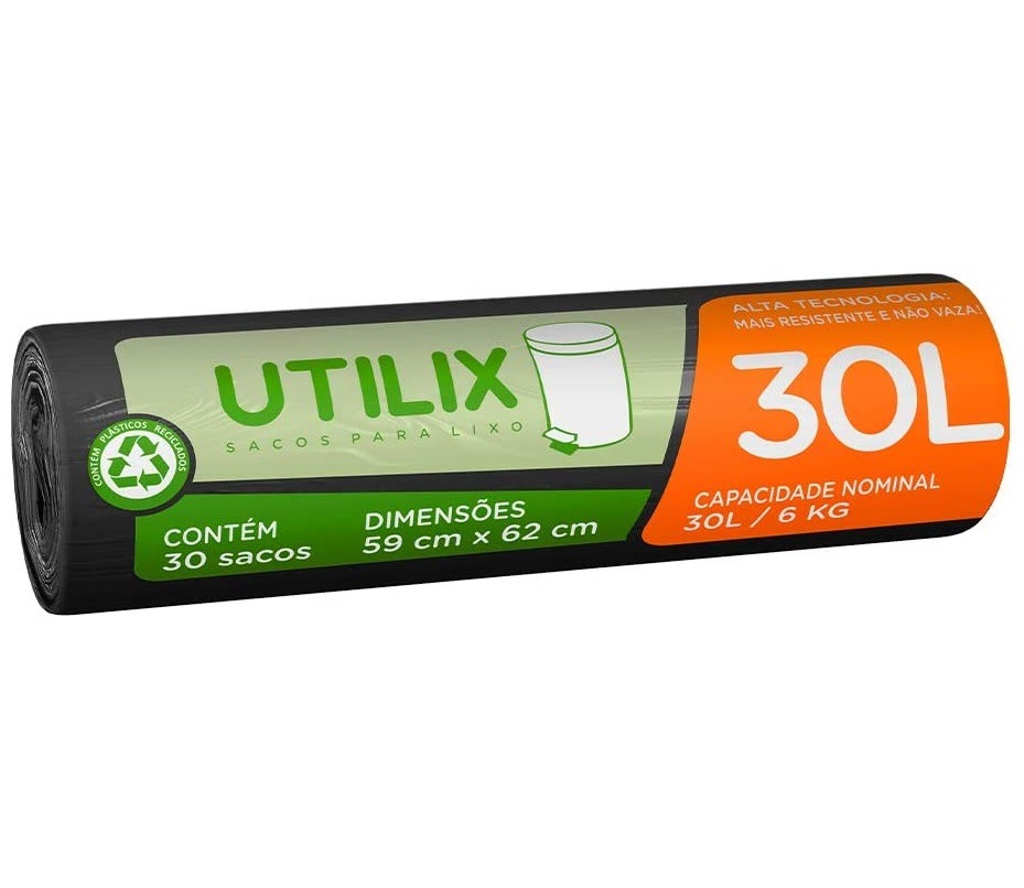 Saco para lixo Utilix, 30 litros, preto, rolo com 30 sacos