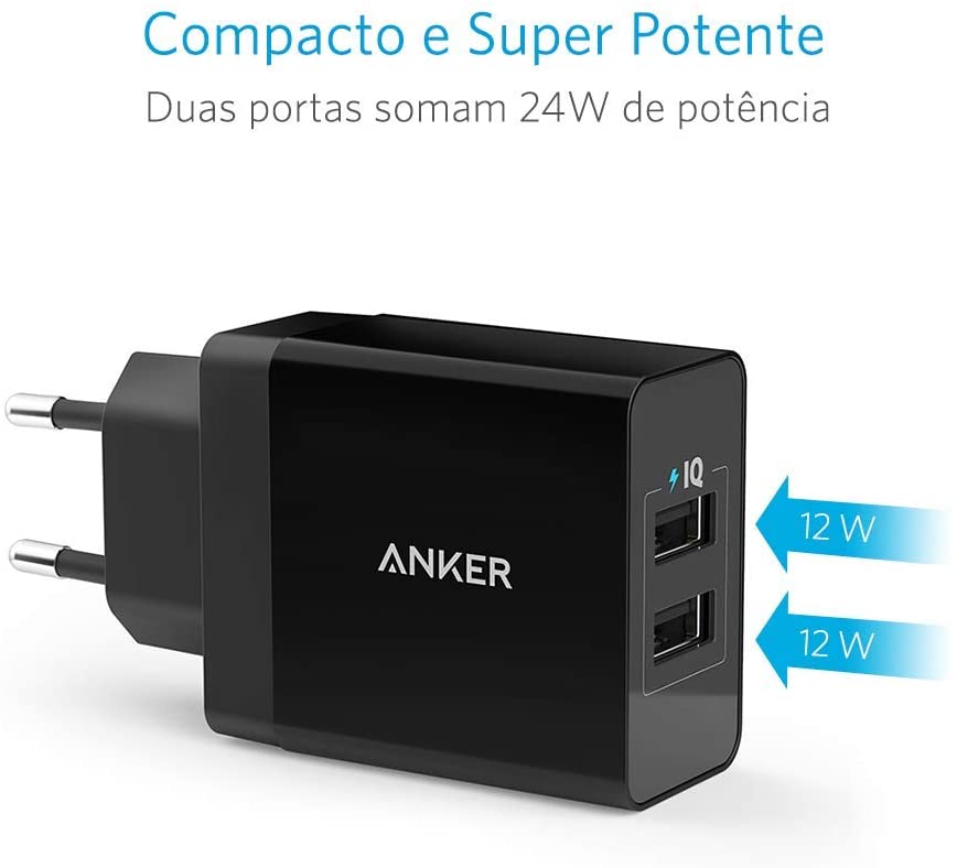 Carregador de tomada PowerPort, 2 portas USB, Potência de 24W, Preto