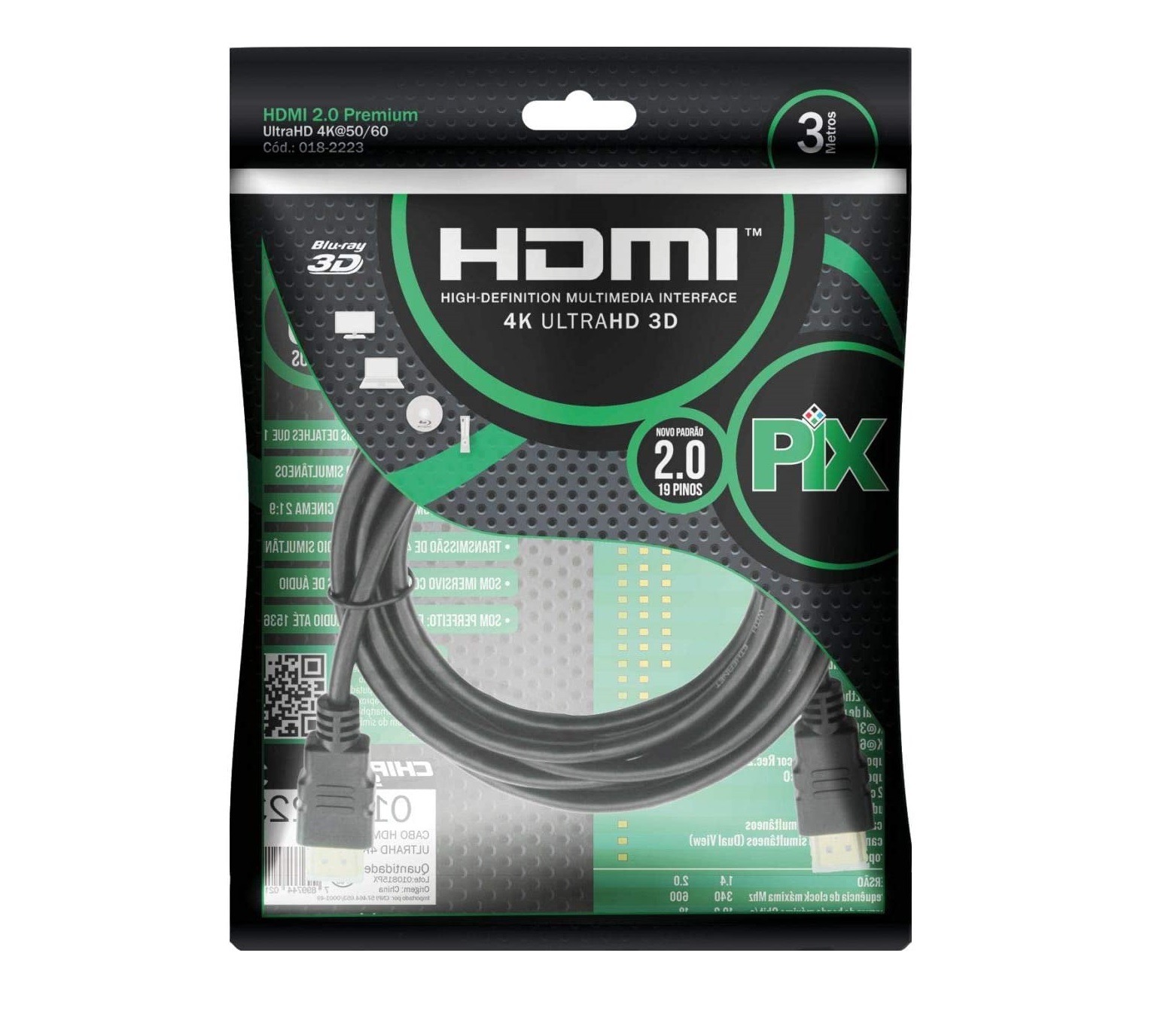 Cabo Hdmi 2.0 4K Hdr 19P 3M Pix Gold, Preto