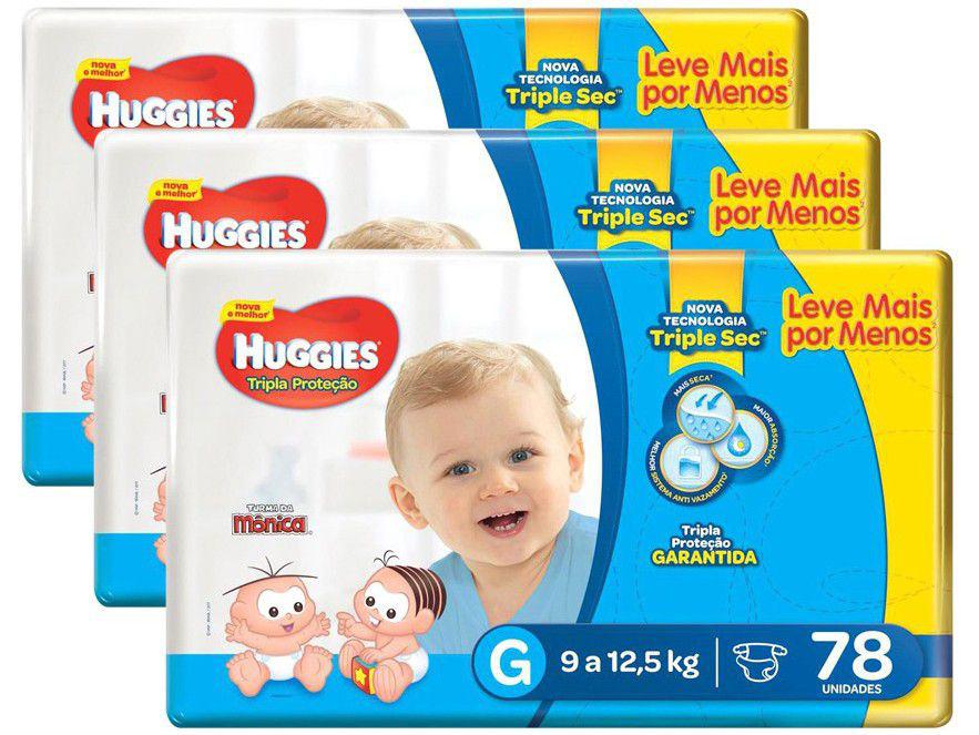 Kit Fraldas Huggies Tripla Proteção Tam. G – 9 a 12,5kg 3 Pacotes com 78 Unidades Cada