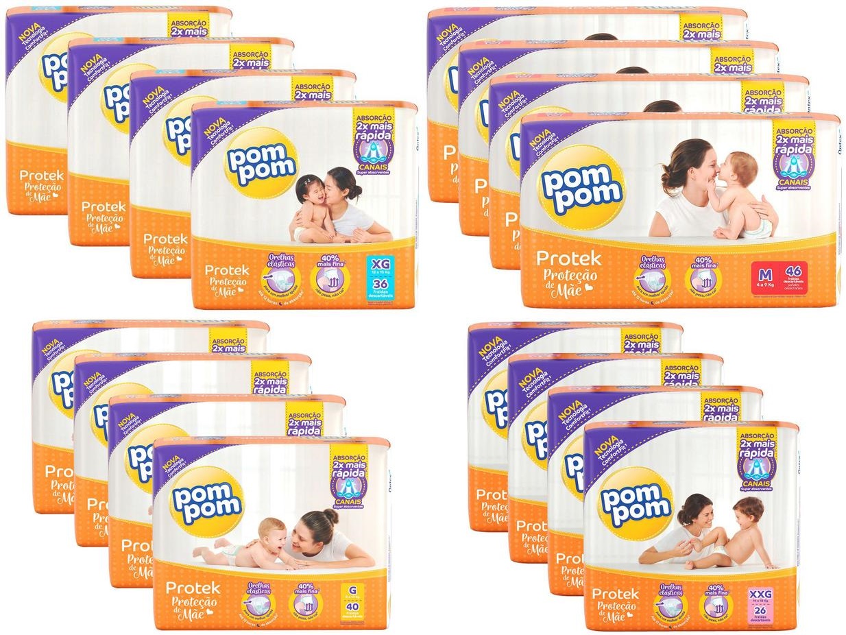 Kit 4 Pacotes Fraldas Pom Pom Protek Proteção de Mãe