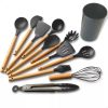 Kit C/12 Utensílios De Cozinha Silicone Cabo Madeira
