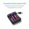 Carregador de Pilhas e Baterias USB com 2 Pilhas AA 1500mAh recarregáveis