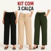 Kit 3 Calças Pantalonas Femininas Cintura Alta Tecido Duna Elegante