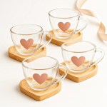 Jogo Xícaras Chá Café Vidro Com Pires Madeira Coração 8 Pçs Rosa