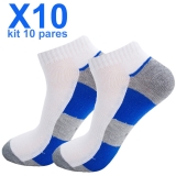 Kit Com 10 Pares De Meias Soquetes Brancas e Azuis Adultas Unissex