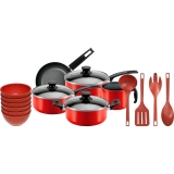 Jogo de Panelas 5 peças Antiaderente Vermelha + Kit Tigelas 6 Peças Vermelho + Utensílios 4 Peças Vermelho