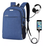 Mochila Anti Furto Notebook Saida Cabo Aux Usb Fone Ouvido Cor Azul Cinza Vermelha
