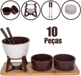 Conjunto Fondue em Cerâmica Redondo 10 Peças Com Base em Bambu 300ml Chocolate Queijo – 3 Velas