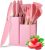 Utensilios para Cozinha Silicone Kit com 19 Peças Cabo Madeira Conjunto Completo Espátula Concha Colher Jogo Suporte Faca Antiaderente Tabua Tesoura Faqueiro (ROSA)