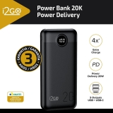 Carregador Portátil (Power Bank) Ultra Rápido 20000mAh Power Delivery 20W 2 Saídas USB + 1 Saída/Entrada USB-C Preto I2GO – I2GO PRO