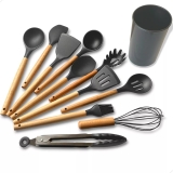 Kit C/12 Utensílios De Cozinha Silicone Cabo Madeira